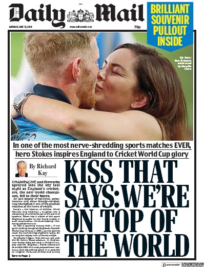 Daily Mail Newspaper Front Page for 15 July 2019