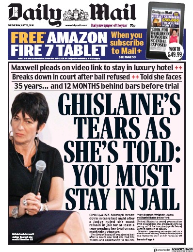 Daily Mail Newspaper Front Page for 15 July 2020