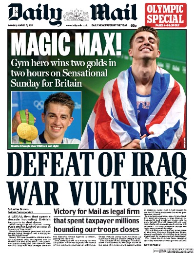 Daily Mail Newspaper Front Page for 15 August 2016