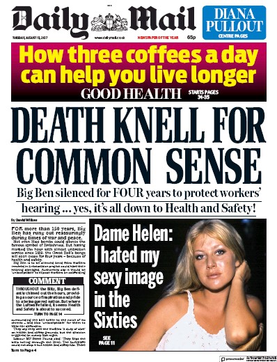Daily Mail Newspaper Front Page for 15 August 2017