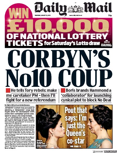 Daily Mail Newspaper Front Page for 15 August 2019