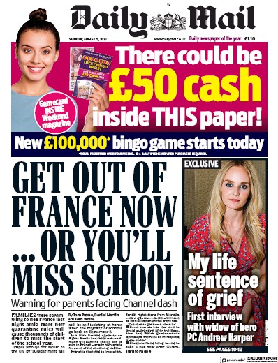 Daily Mail (UK) Newspaper Front Page for 15 August 2020
