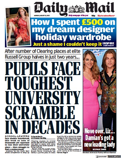 Daily Mail (UK) Newspaper Front Page for 15 August 2022