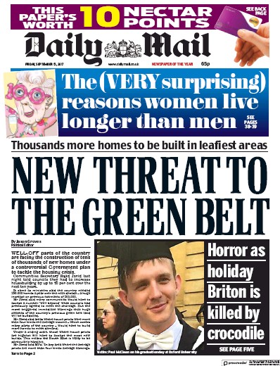 Daily Mail Newspaper Front Page for 15 September 2017