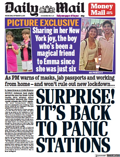 Daily Mail (UK) Newspaper Front Page for 15 September 2021