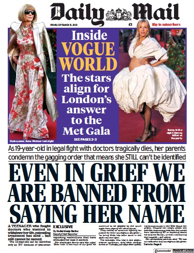 Daily Mail (UK) Newspaper Front Page for 15 September 2023
