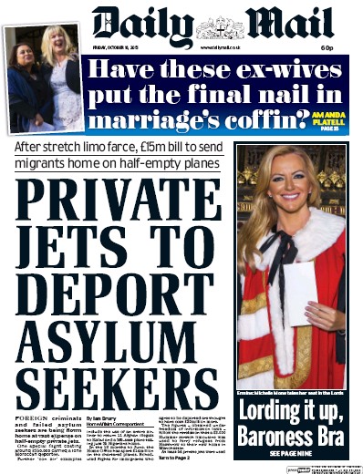 Daily Mail Newspaper Front Page for 16 October 2015