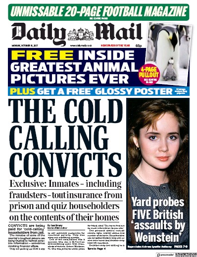 Daily Mail Newspaper Front Page for 16 October 2017