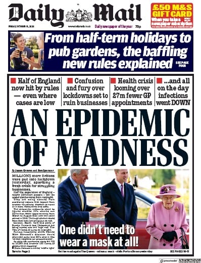 Daily Mail Newspaper Front Page for 16 October 2020
