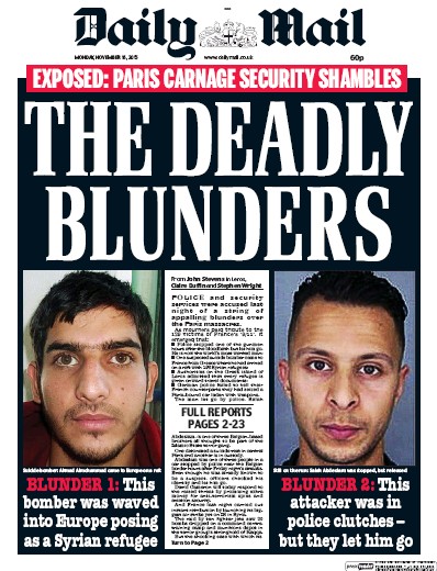 Daily Mail Newspaper Front Page for 16 November 2015