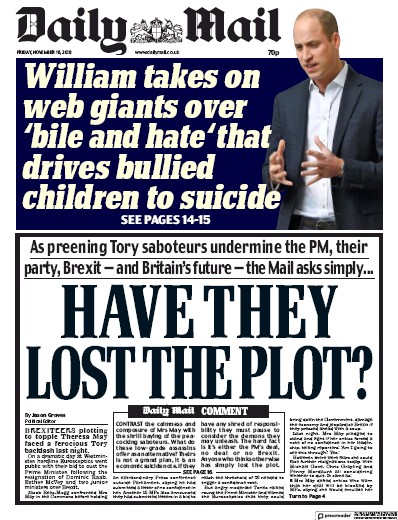Daily Mail Newspaper Front Page for 16 November 2018