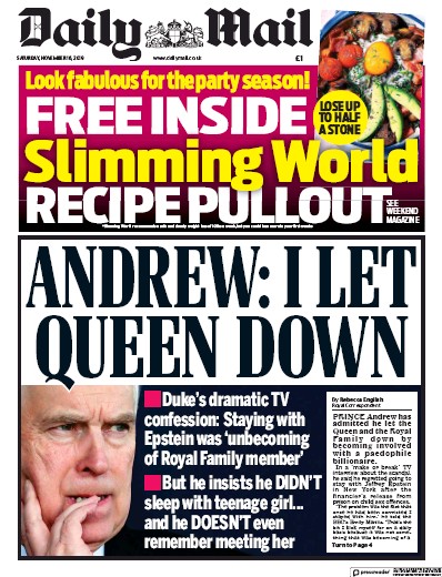 Daily Mail Newspaper Front Page for 16 November 2019