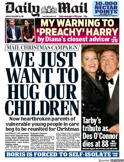 Daily Mail Newspaper Front Page for 16 November 2020
