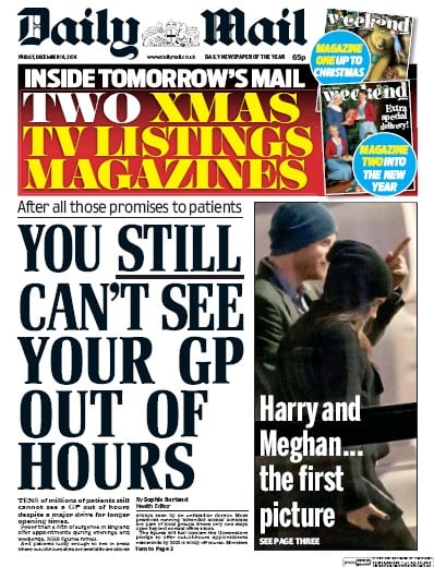 Daily Mail (UK) Newspaper Front Page for 16 December 2016