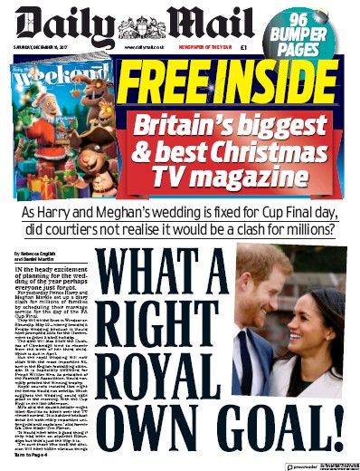 Daily Mail Newspaper Front Page for 16 December 2017