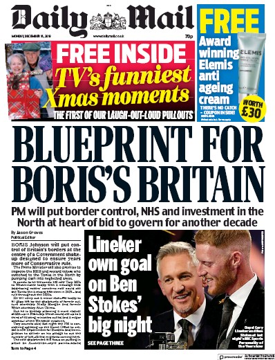 Daily Mail Newspaper Front Page for 16 December 2019