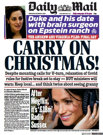 Daily Mail Newspaper Front Page for 16 December 2020