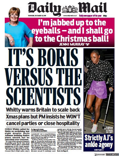 Daily Mail (UK) Newspaper Front Page for 16 December 2021