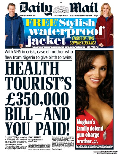 Daily Mail Newspaper Front Page for 16 January 2017