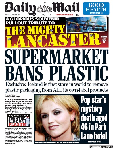 Daily Mail Newspaper Front Page for 16 January 2018
