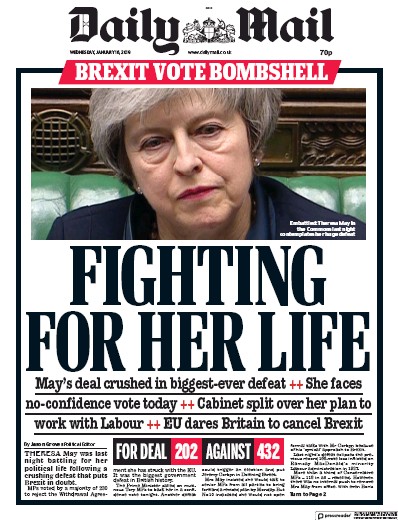 Daily Mail Newspaper Front Page for 16 January 2019