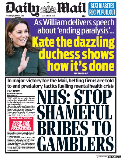 Daily Mail (UK) Newspaper Front Page for 16 January 2020
