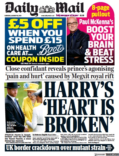 Daily Mail (UK) Newspaper Front Page for 16 January 2021