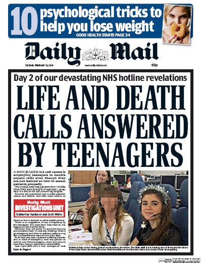 Daily Mail Newspaper Front Page for 16 February 2016