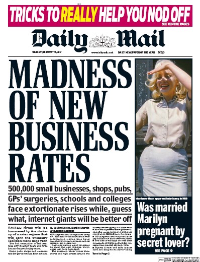 Daily Mail Newspaper Front Page for 16 February 2017