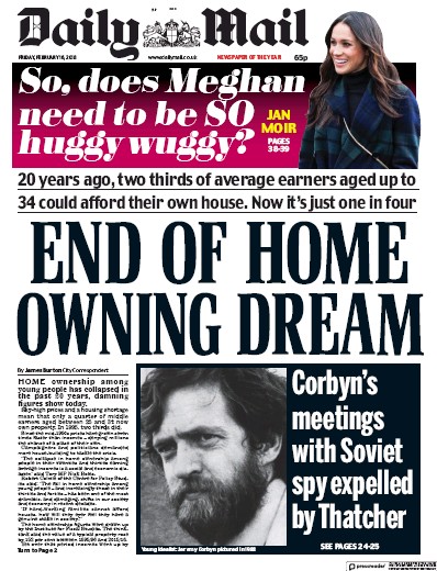 Daily Mail (UK) Newspaper Front Page for 16 February 2018