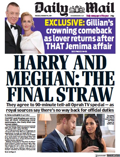 Daily Mail (UK) Newspaper Front Page for 16 February 2021