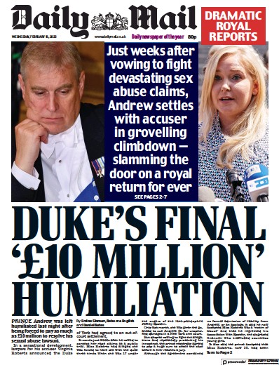 Daily Mail (UK) Newspaper Front Page for 16 February 2022