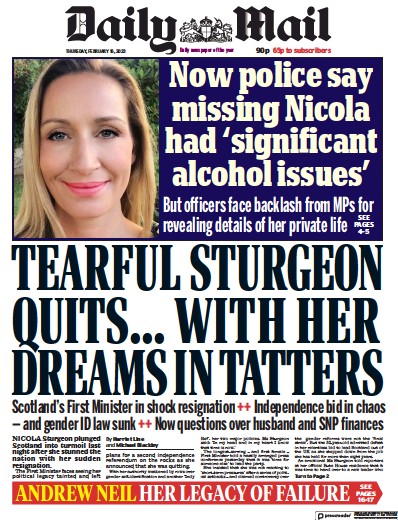 Daily Mail (UK) Newspaper Front Page for 16 February 2023