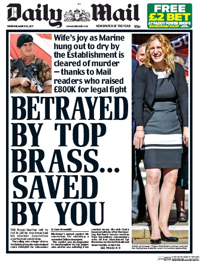 Daily Mail Newspaper Front Page for 16 March 2017