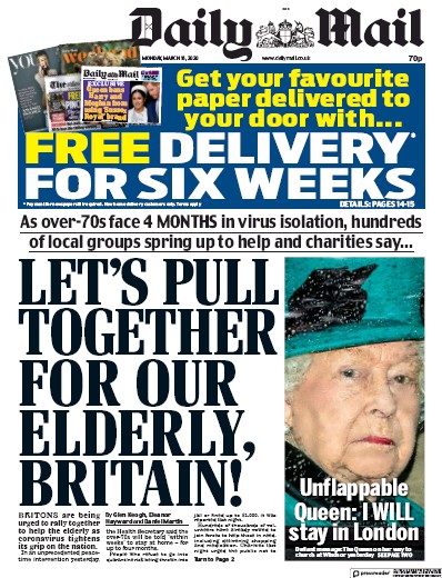 Daily Mail Newspaper Front Page for 16 March 2020
