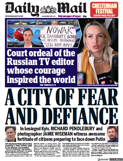 Daily Mail Newspaper Front Page for 16 March 2022