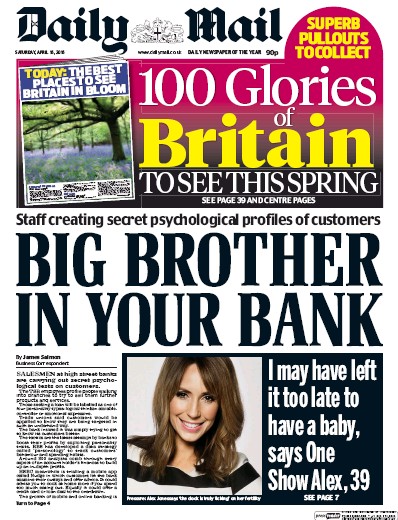 Daily Mail (UK) Newspaper Front Page for 16 April 2016