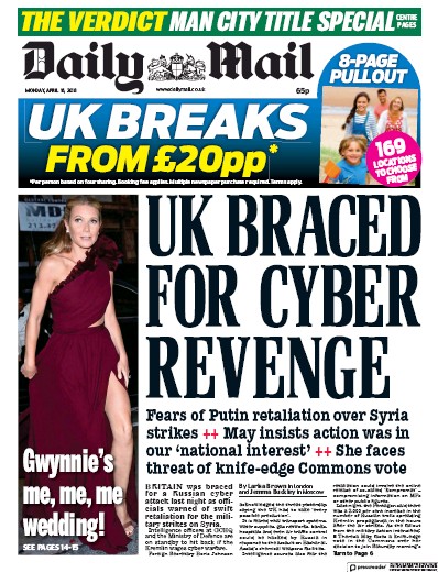 Daily Mail Newspaper Front Page for 16 April 2018