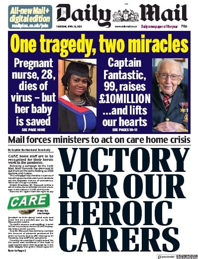 Daily Mail Newspaper Front Page for 16 April 2020