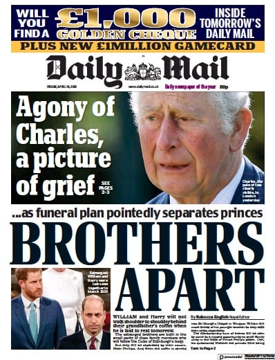 Daily Mail (UK) Newspaper Front Page for 16 April 2021