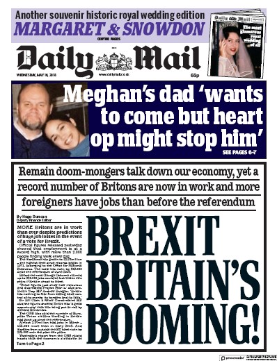Daily Mail Newspaper Front Page for 16 May 2018