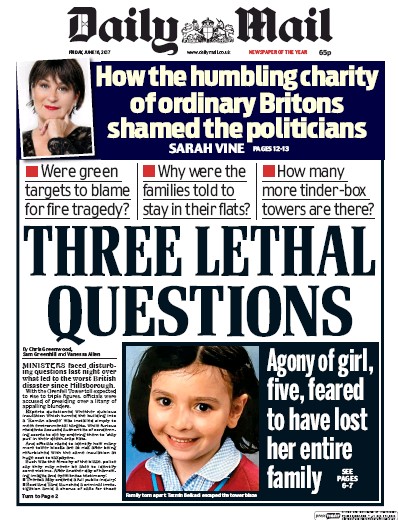Daily Mail Newspaper Front Page for 16 June 2017