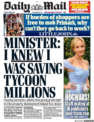 Daily Mail Newspaper Front Page for 16 June 2020