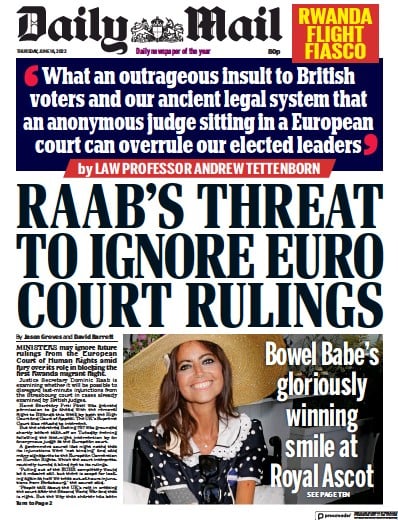 Daily Mail (UK) Newspaper Front Page for 16 June 2022
