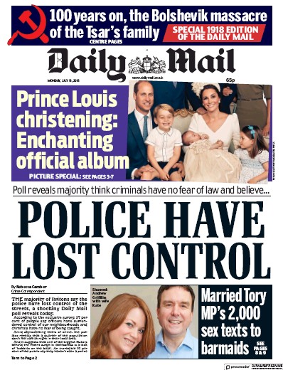 Daily Mail Newspaper Front Page for 16 July 2018