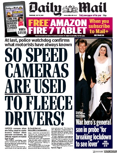 Daily Mail Newspaper Front Page for 16 July 2020