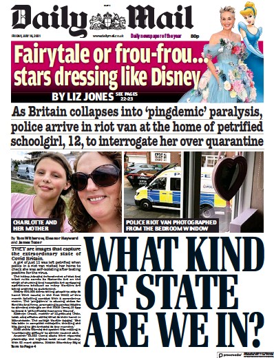 Daily Mail (UK) Newspaper Front Page for 16 July 2021