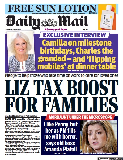 Daily Mail (UK) Newspaper Front Page for 16 July 2022