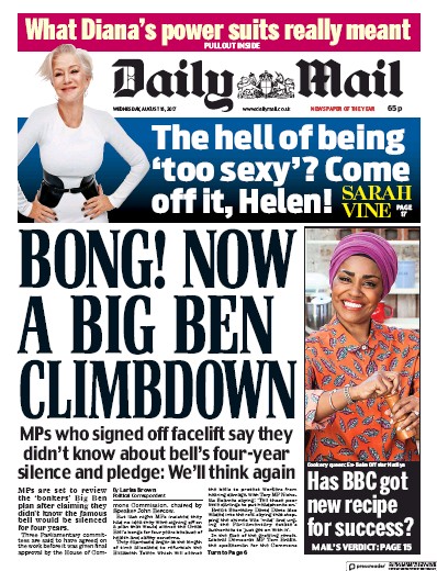 Daily Mail Newspaper Front Page for 16 August 2017