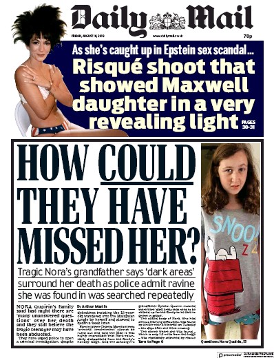 Daily Mail Newspaper Front Page for 16 August 2019